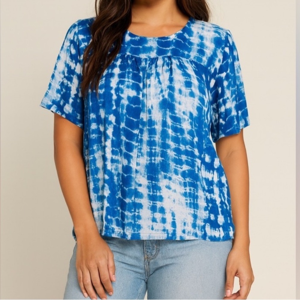 Gypsies & Moondust Blue Tie-Dye Short Sleeve Blouse Size M